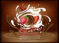 Strawberry flavor ice cream ad with chocolate and cream splash